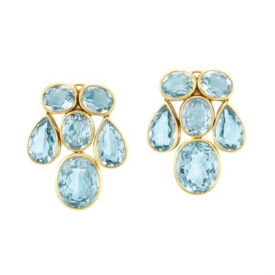 Lot 240 - Pair of Gold and Blue Topaz Earclips, Peggy Guinness