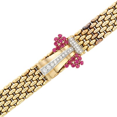 Lot 182 - Gold, Platinum, Diamond and Synthetic Ruby Bracelet-Watch, Vacheron & Constantin