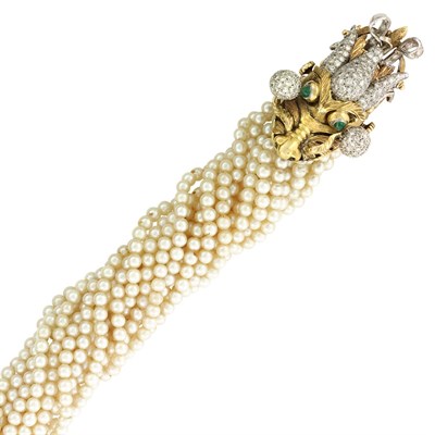 Lot 54 - Multistrand Cultured Pearl Torsade Bracelet with Gold, Platinum and Diamond Animal Head Clasp
