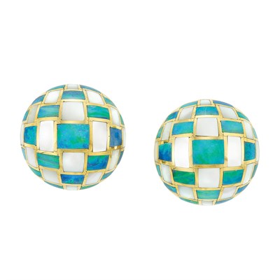 Lot 6 - Pair of Gold, Black Opal and Mother-of-Pearl Earrings, Tiffany & Co.