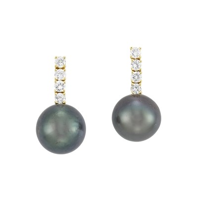 Lot 205 - Pair of Gold, Diamond and Tahitian Black Cultured Pearl Pendant-Earrings, Tiffany & Co.