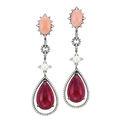 Lot 69 - Pair of Blackened Gold, Coral, Diamond, Cultured Pearl and Cabochon Rubellite Pendant-Earrings