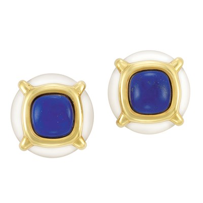 Lot 31 - Pair of Gold, Lapis and Frosted Rock Crystal Earclips, Aldo Cipullo