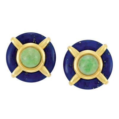 Lot 35 - Pair of Gold, Lapis and Jade Earclips, Aldo Cipullo