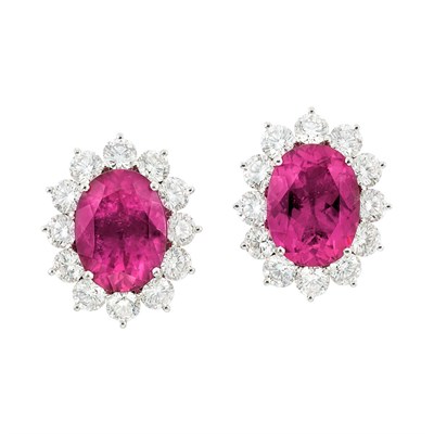Lot 216 - Pair of Platinum, Pink Tourmaline and Diamond Earclips