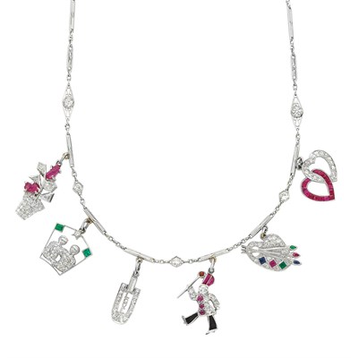 Lot 346 - Platinum, Diamond and Gem-Set Charm Necklace