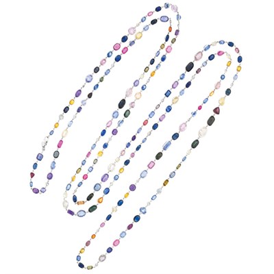 Lot 217 - Long White Gold, Multicolored Sapphire and Diamond Chain Necklace