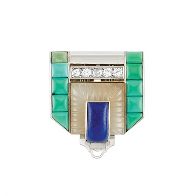 Lot 340 - Art Deco White Gold, Diamond, Carved Chalcedony, Turquoise and Lapis Clip, Van Cleef & Arpels, France