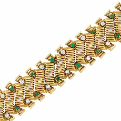 Lot 175 - Gold, Diamond and Emerald Bracelet, France