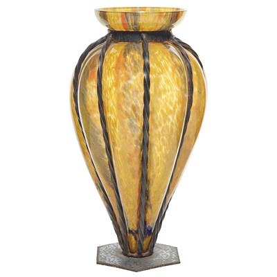 Lot 291 - Schneider Glass and Wrought Iron Blow Out Vase...