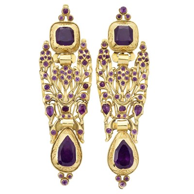 Lot 148 - Pair of 'Catalan Style' Gold and Amethyst Pendant-Earrings