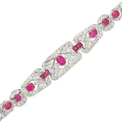 Lot 221 - Rhodium-Plated Silver, Rose Gold, Ruby and Diamond Bracelet