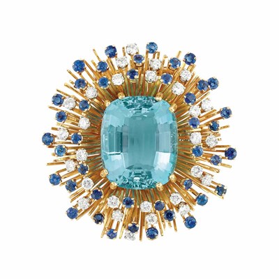 Lot 174 - Gold, Platinum, Aquamarine, Sapphire and Diamond Clip-Brooch, Tiffany & Co., France