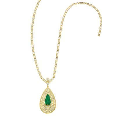 Lot 46 - Gold, Diamond and Emerald Pendant-Necklace