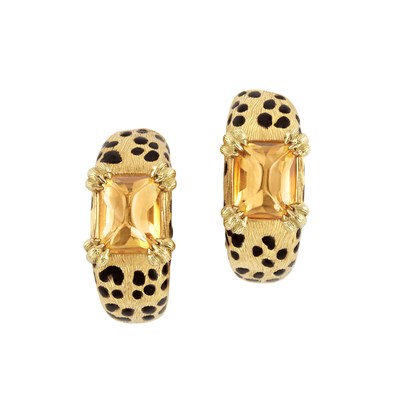 Lot 263 - Pair of Gold, Cabochon Citrine and Black Enamel Leopard Hoop Earclips, Christian Dior