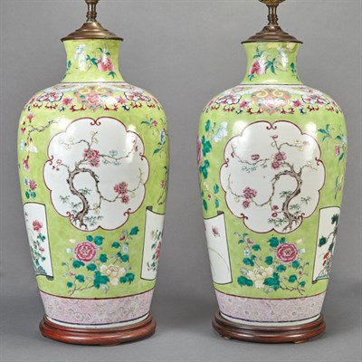 Lot 497 - Pair of Chinese Green Glazed Famille Rose...