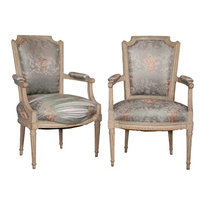 Lot 191 - Pair of Louis XVI Gray Painted Fauteuils en...