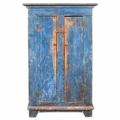 Lot 98 - Blue Painted Pine Cupboard The molded cornice...