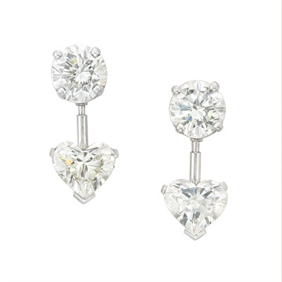 Lot 380 - Pair of Platinum and Diamond Pendant-Earrings with Two Pairs of Interchangeable Colored Stone Pendants