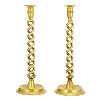 Lot 489 - Pair of Brass Barley Twist Candlesticks Height...