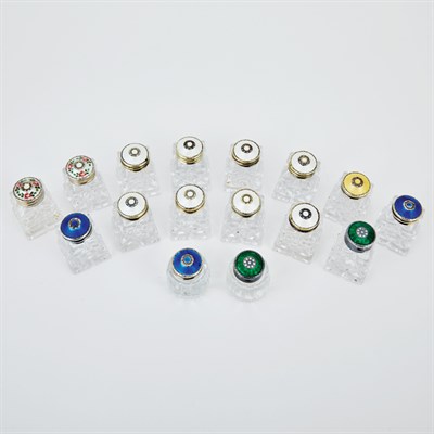 Lot 507 - Seven Pairs of Silver and Enamel Mounted Glass...