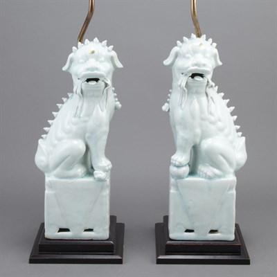 Lot 313 - Pair of Chinese Porcelain Foo Dog Form Lamps...