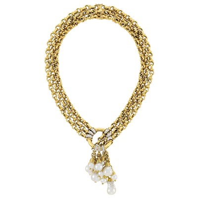 Lot 154 - Two-Color Triple Strand Gold, Diamond and Semi-Baroque Cultured Pearl Necklace, Renzo Cassetti