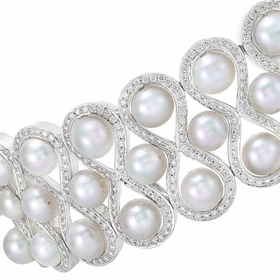 Lot 12 - White Gold, Cultured Pearl and Diamond Cuff Bracelet
