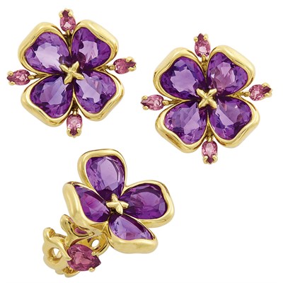 Lot 4 - Pair of Gold, Amethyst and Pink Tourmaline Flower Earclips and Ring, Chanel, France