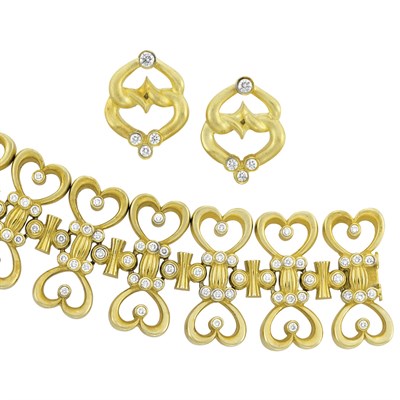 Lot 185 - Gold and Diamond Cuff Bracelet and Pair of Earrings