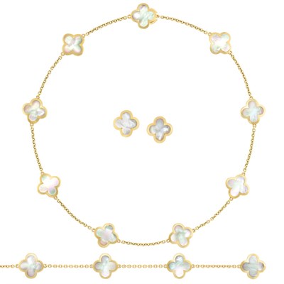 Lot 5 - Gold and Mother-of-Pearl 'Alhambra' Necklace/Bracelet Combination and Pair of Earrings, Van Cleef & Arpels