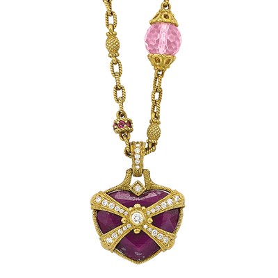 Lot 172 - Long Gold, Colored Stone Bead, Gem-Set, Diamond and Ruby Heart Pendant- Necklace, Judith Ripka