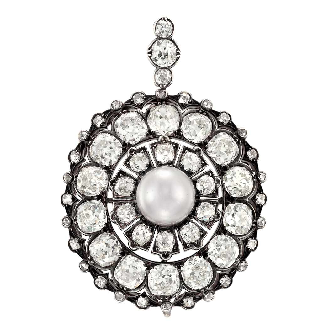 Lot 226 - Antique Silver, Gold, Natural Button Pearl and Diamond Pendant
