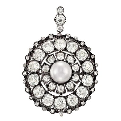 Lot 226 - Antique Silver, Gold, Natural Button Pearl and Diamond Pendant