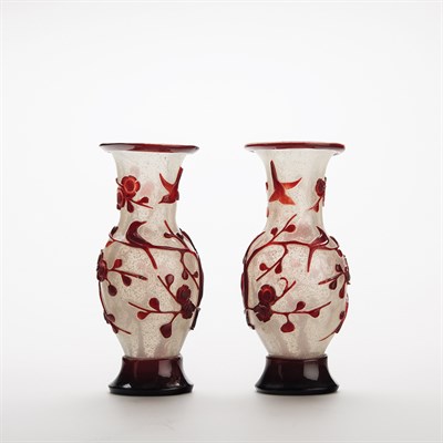 Lot 376 - Pair of Chinese Red Overlay Glass Vases...