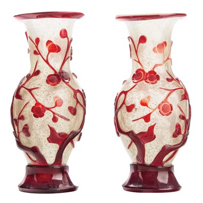 Lot 376 - Pair of Chinese Red Overlay Glass Vases...