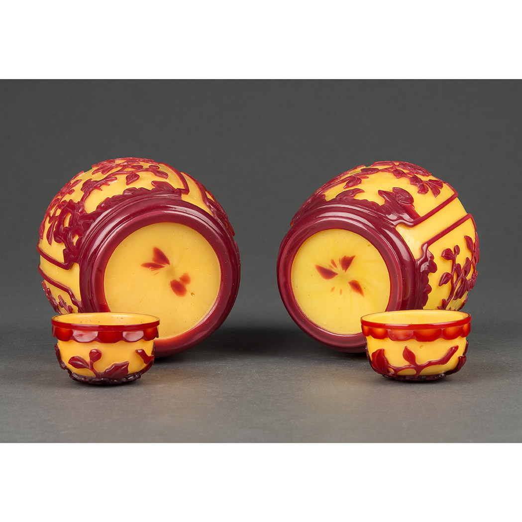 Lot 374 - Pair of Chinese Red Overlay Glass Covered Jars...