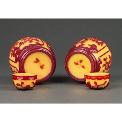 Lot 374 - Pair of Chinese Red Overlay Glass Covered Jars...
