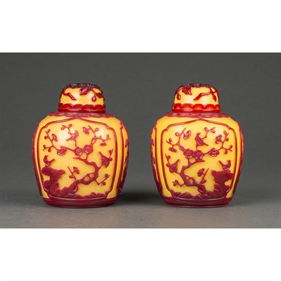 Lot 374 - Pair of Chinese Red Overlay Glass Covered Jars...