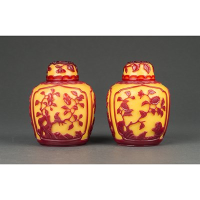 Lot 374 - Pair of Chinese Red Overlay Glass Covered Jars...