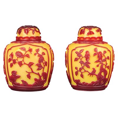 Lot 374 - Pair of Chinese Red Overlay Glass Covered Jars...