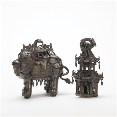 Lot 307 - Pair of Chinese Bronze Elephant Censers 19th...