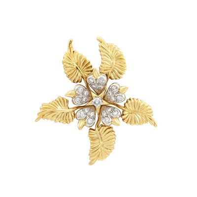Lot 259 - Gold, Platinum and Diamond 'Floral Leaves' Clip-Brooch, Tiffany & Co., Schlumberger