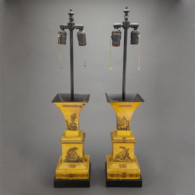 Lot 332 - Pair of Directoire Style Yellow Painted Tole...