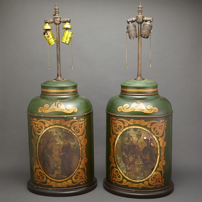 Lot 145 - Pair of Green Tole Tea Canisters Mounted as...
