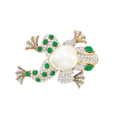 Lot 374 - Two-Color Gold, Diamond, Semi-Baroque Cultured Pearl and Cabochon Emerald Frog Brooch, Trio