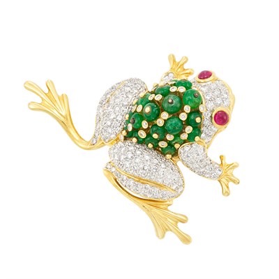 Lot 32 - Two-Color Gold, Diamond, Emerald Bead and Cabochon Ruby Frog Clip-Brooch