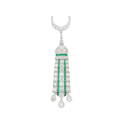 Lot 336 - Platinum, White Gold, Diamond and Emerald Pendant