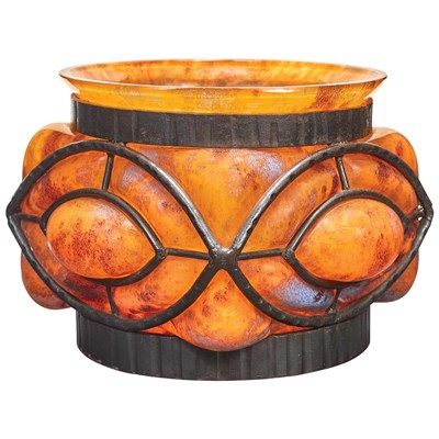 Lot 393 - French Art Deco Iron and Glass Blow Out Vase...