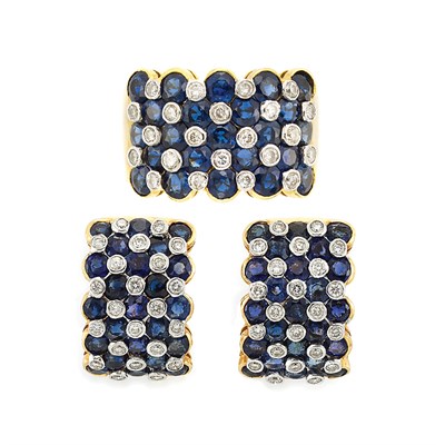 Lot 1279 - Pair of Two-Color Gold, Sapphire and Diamond Half Hoop Earrings and Ring